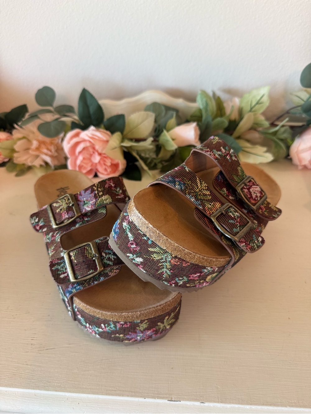 Corkys Brown Floral Double-Strap Slide Sandals - Picture 3 of 4
